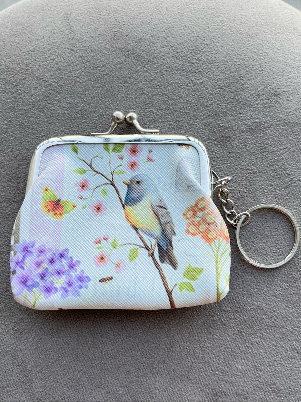Yellow Floral Bird White Coin Purse Keychain